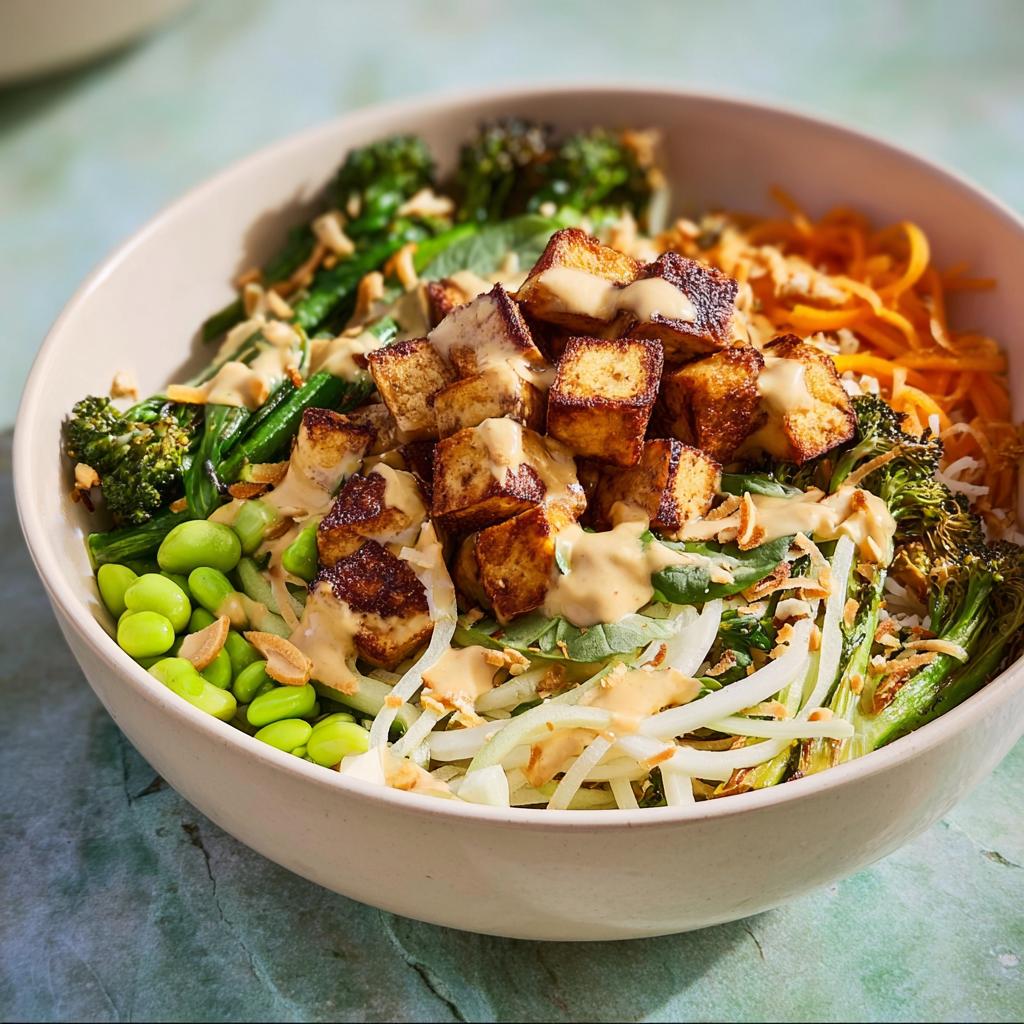 A vibrant bowl of 20-Ingredient Rice Bowls topped with crispy tofu, edamame, broccoli, and shredded carrots, drizzled with sauce.