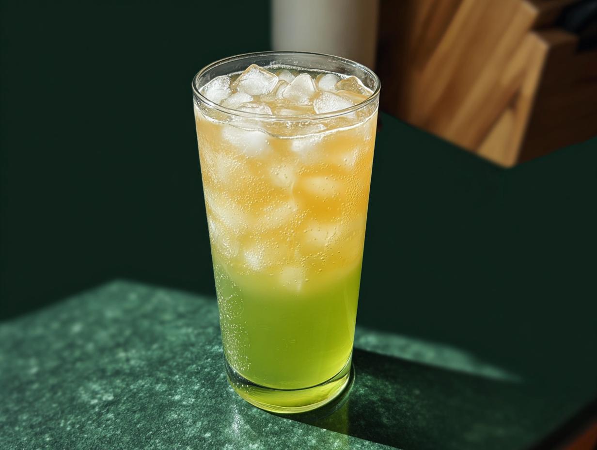 A tall glass filled with ice and layered green and yellow liquids, representing one of the 20-Ingredient Starbucks Drinks Recipes.