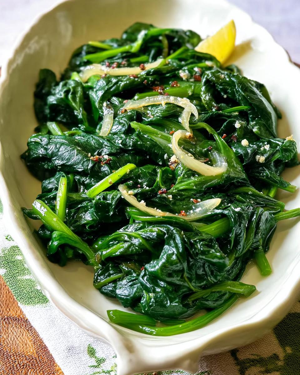 A close-up of sautéed spinach with thinly sliced onions and a lemon wedge, part of 20-Ingredient Veggie Sides Recipes.