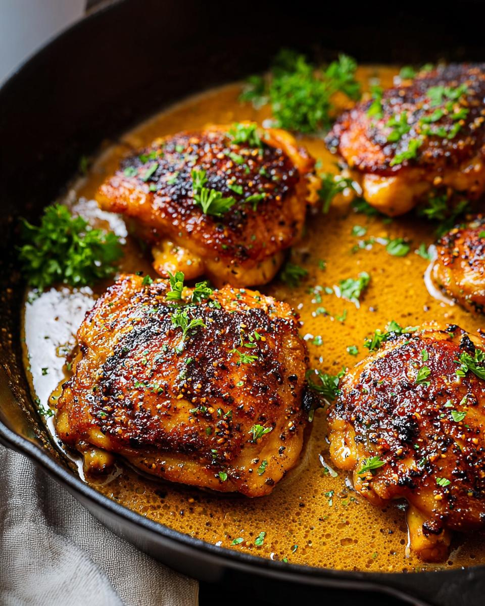 Close-up of pan-seared chicken thighs in a rich sauce, garnished with parsley. Perfect for 20-minute chicken thigh recipes.