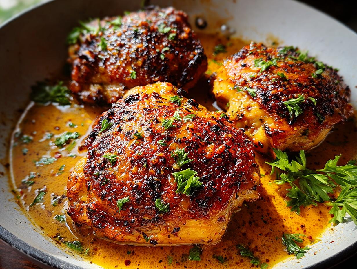 Close-up of three pan-seared chicken thighs with crispy skin, in a rich, savory sauce, garnished with parsley. A perfect example of 20-minute chicken thigh recipes.