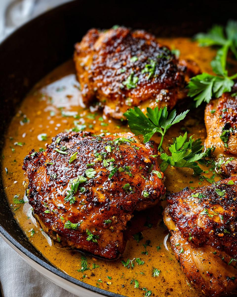 Close-up of juicy, pan-seared chicken thighs in a rich sauce, garnished with fresh parsley. Perfect for 20-Minute Chicken Thigh Recipes.