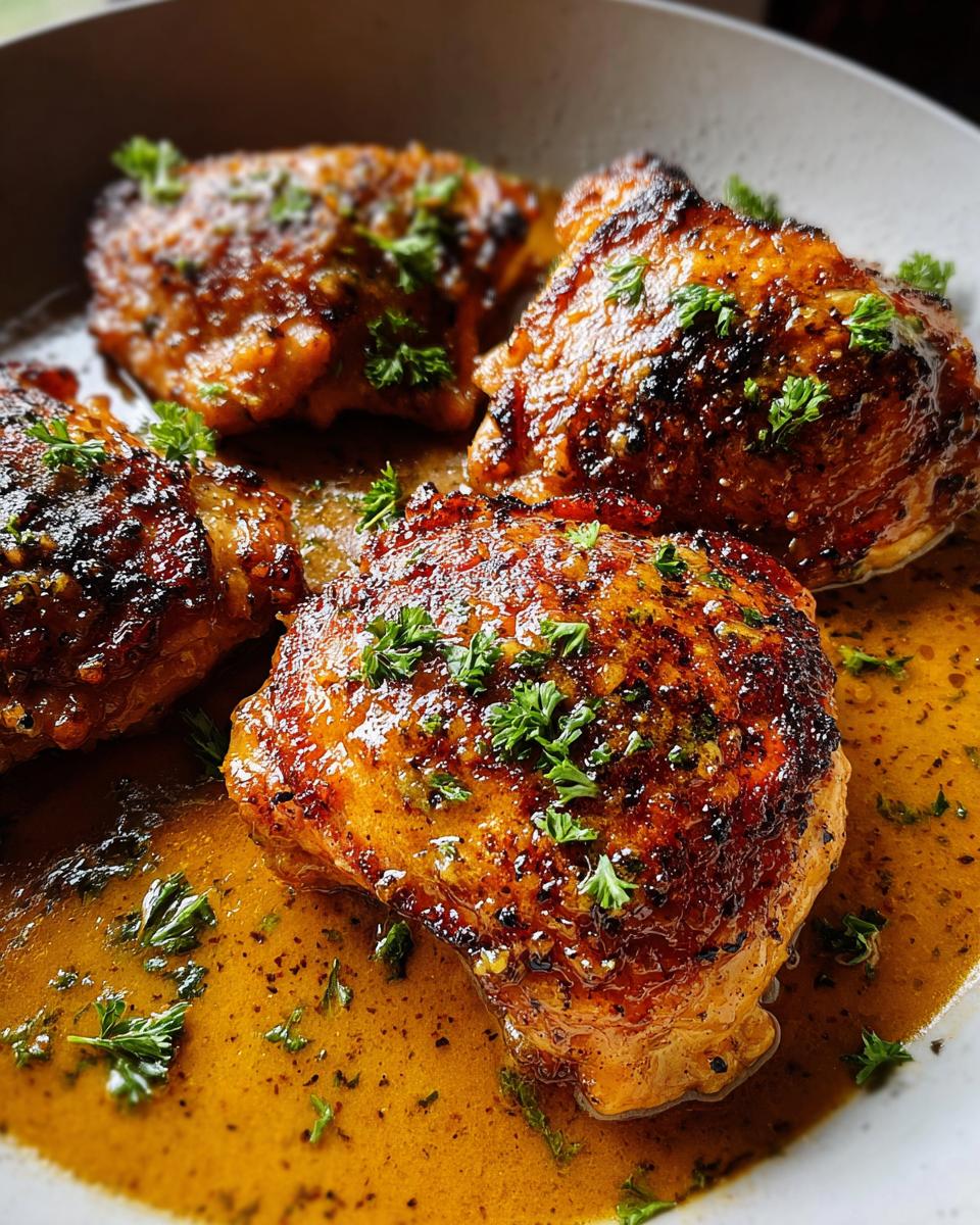 Close-up of four juicy, pan-seared chicken thighs in a rich, savory sauce, garnished with fresh parsley. Perfect for quick chicken thigh recipes.