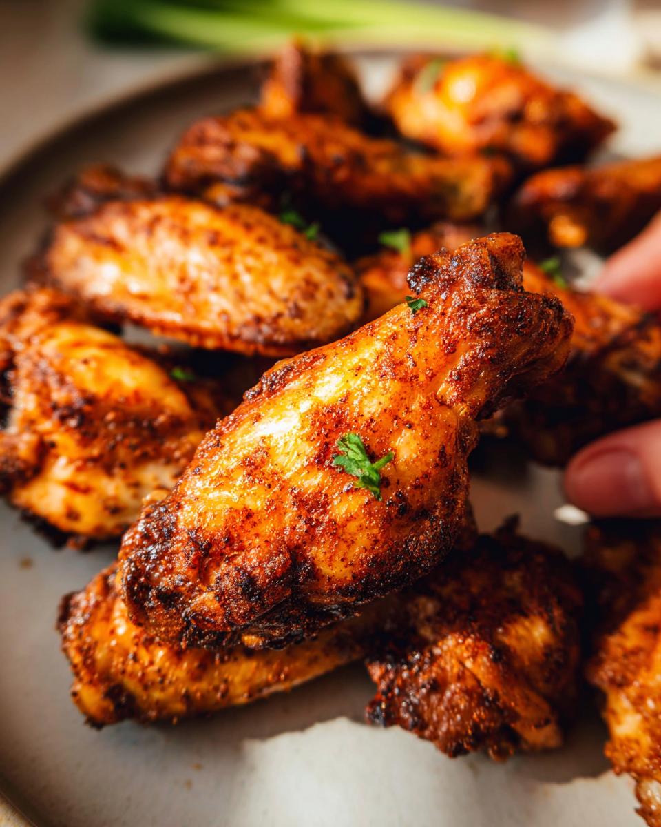 Close-up of a plate piled high with golden-brown, seasoned 25-ingredient chicken wings, with a hand reaching for one.
