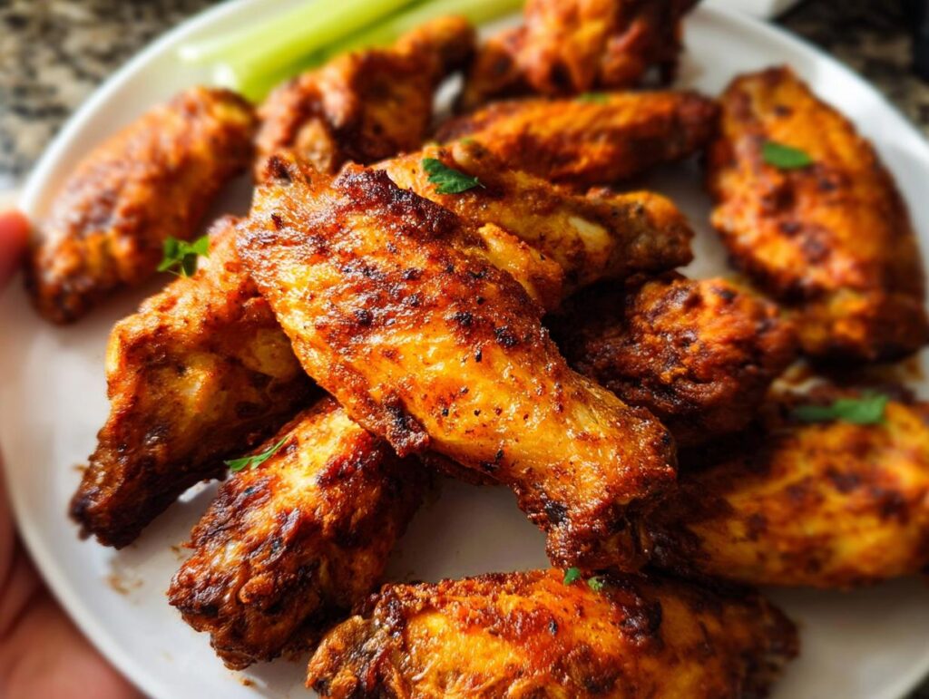 A close-up of a plate piled high with delicious, crispy 25-ingredient chicken wings, garnished with parsley.