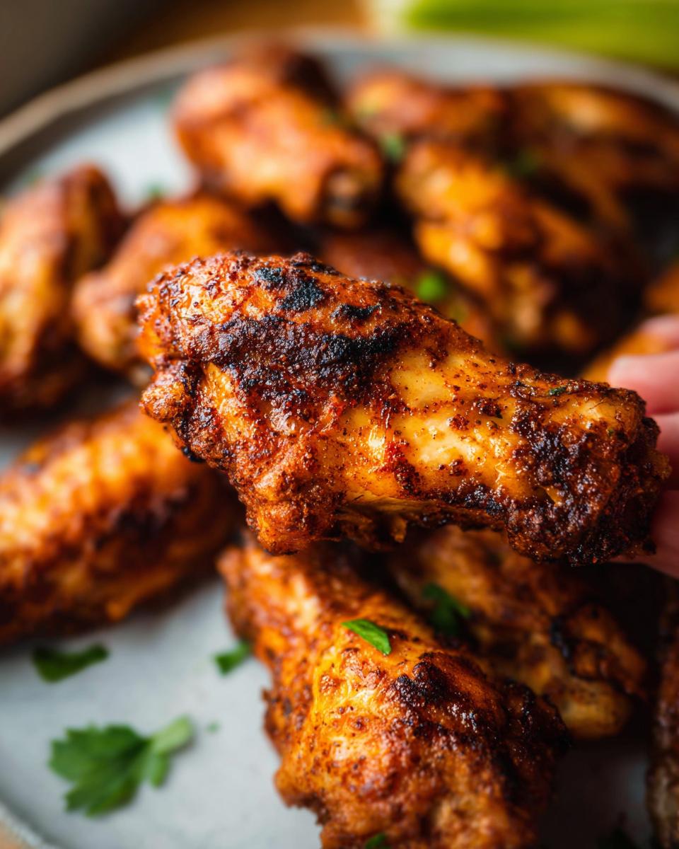 Close-up of perfectly seasoned and crispy 25-ingredient chicken wings, garnished with fresh parsley.