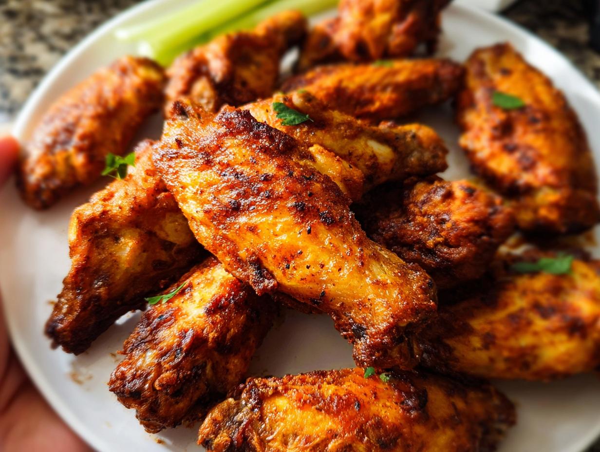 A close-up of a plate piled high with delicious, crispy 25-ingredient chicken wings, garnished with parsley.