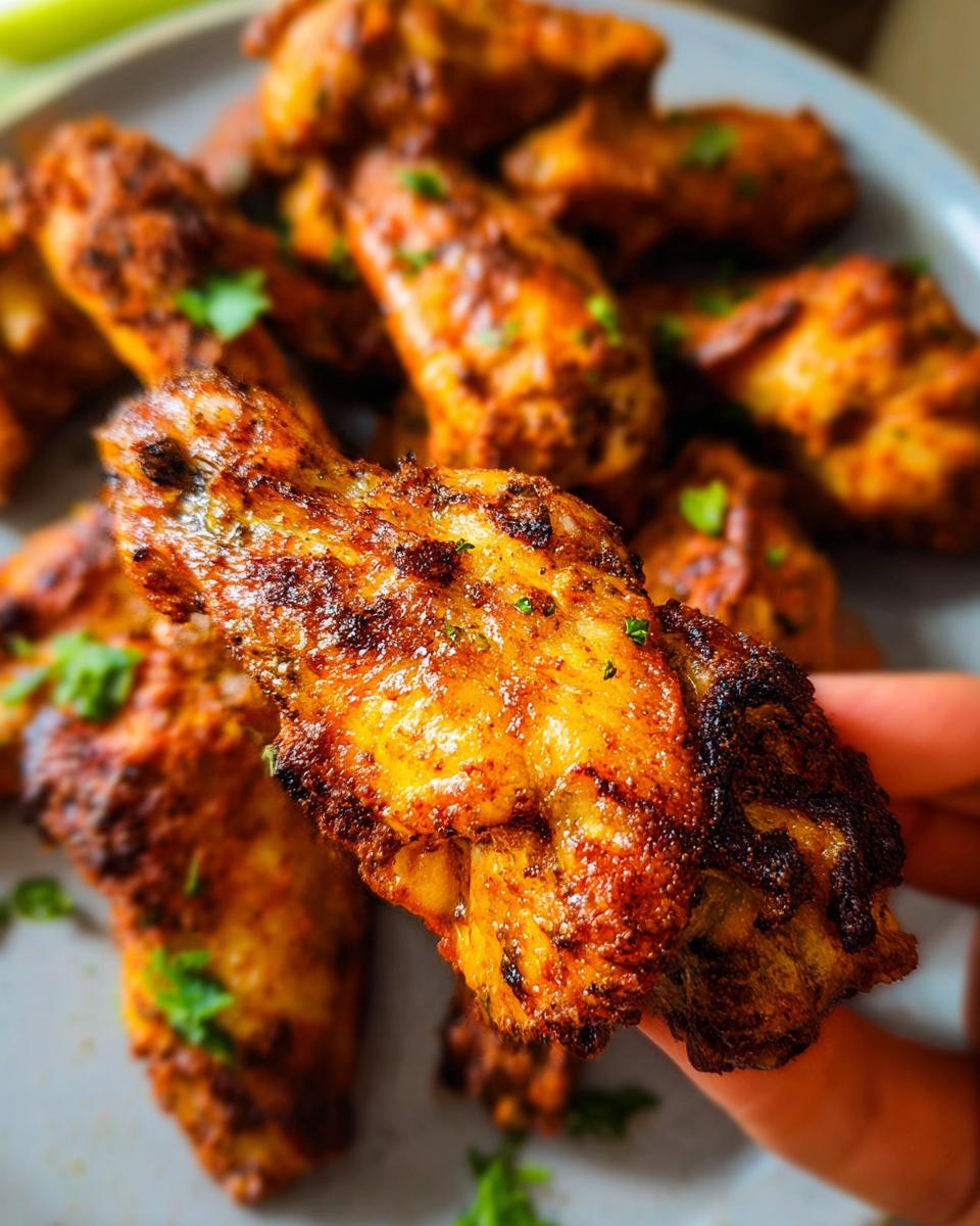 Close-up of a hand holding a perfectly cooked 25-ingredient chicken wing, seasoned and garnished with parsley.