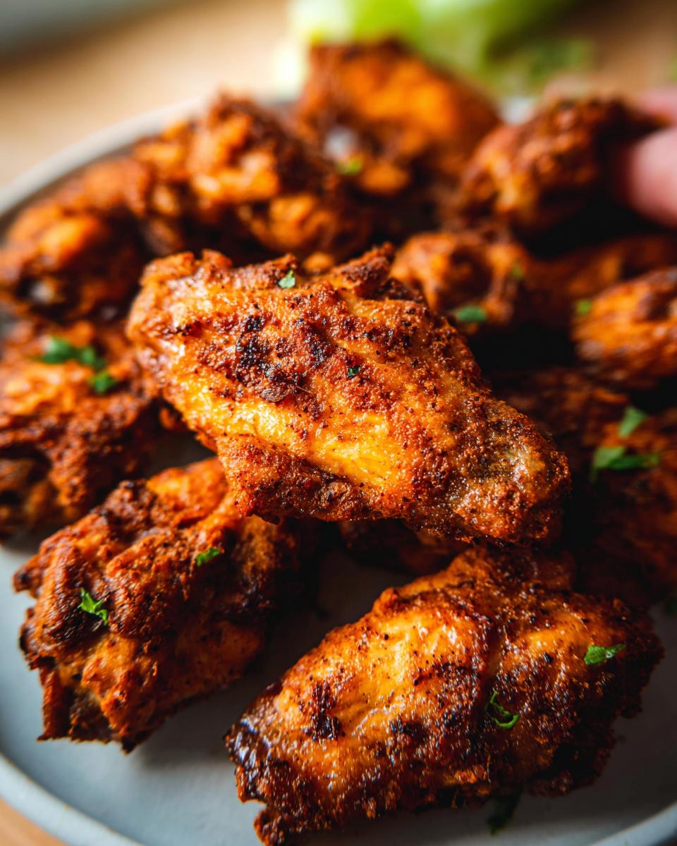 Close-up of a plate piled high with delicious 25-ingredient chicken wings, seasoned and perfectly cooked.