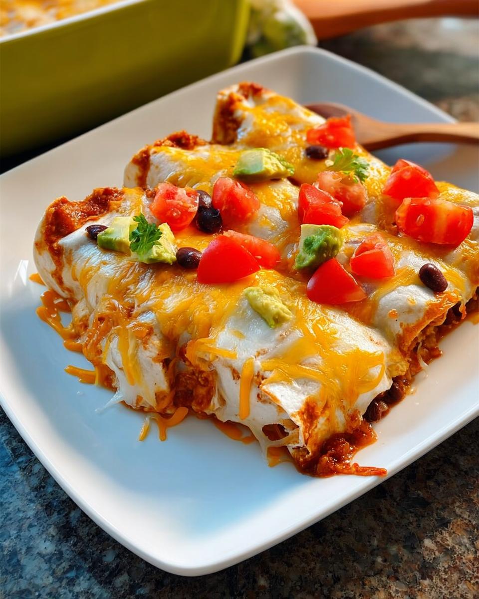 A plate of cheesy enchiladas topped with diced tomatoes, avocado, and black beans, part of 25-Ingredient Healthy Meals.