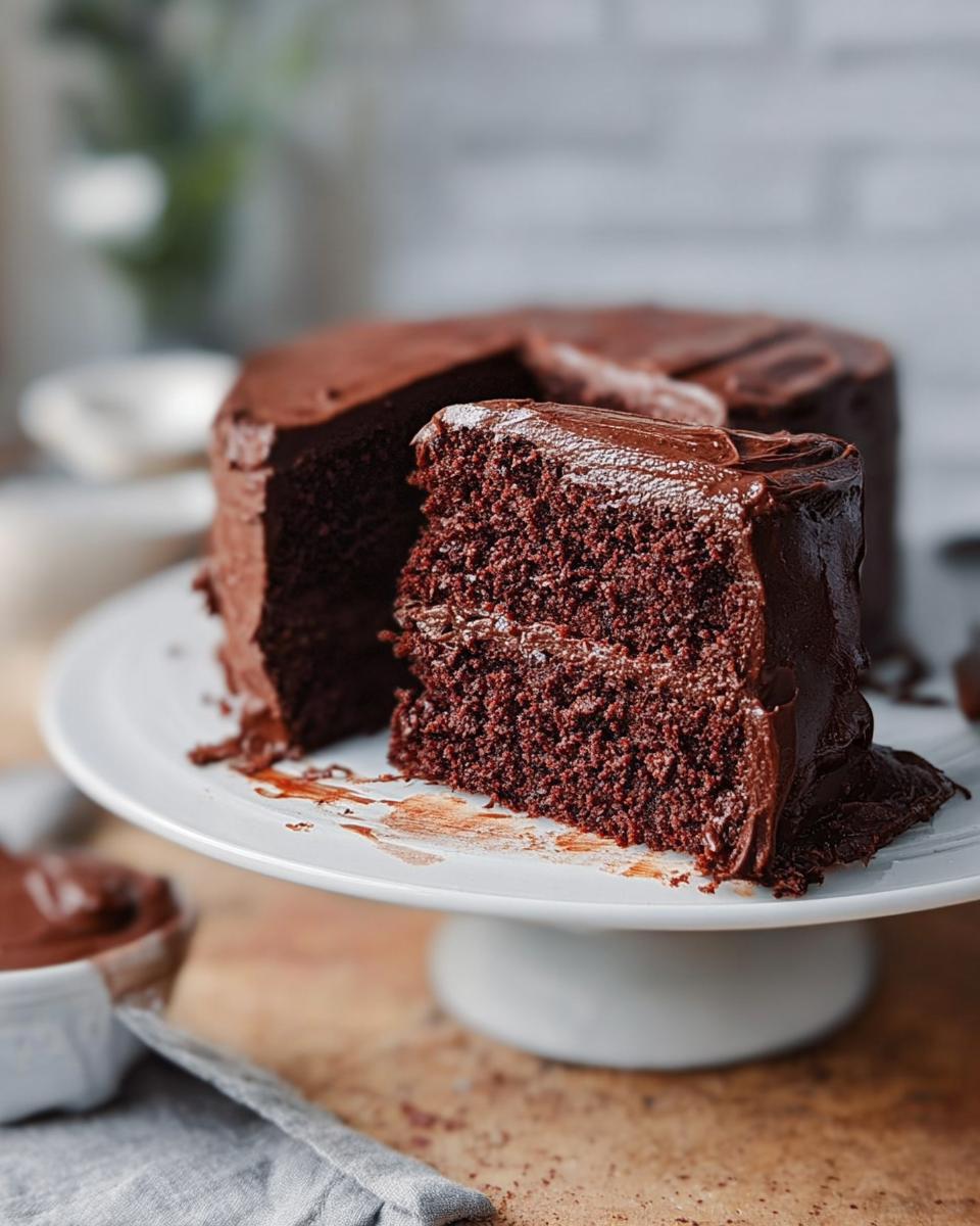 A decadent slice of chocolate cake with rich chocolate frosting, part of 7-Ingredient Cake Ideas Recipes.