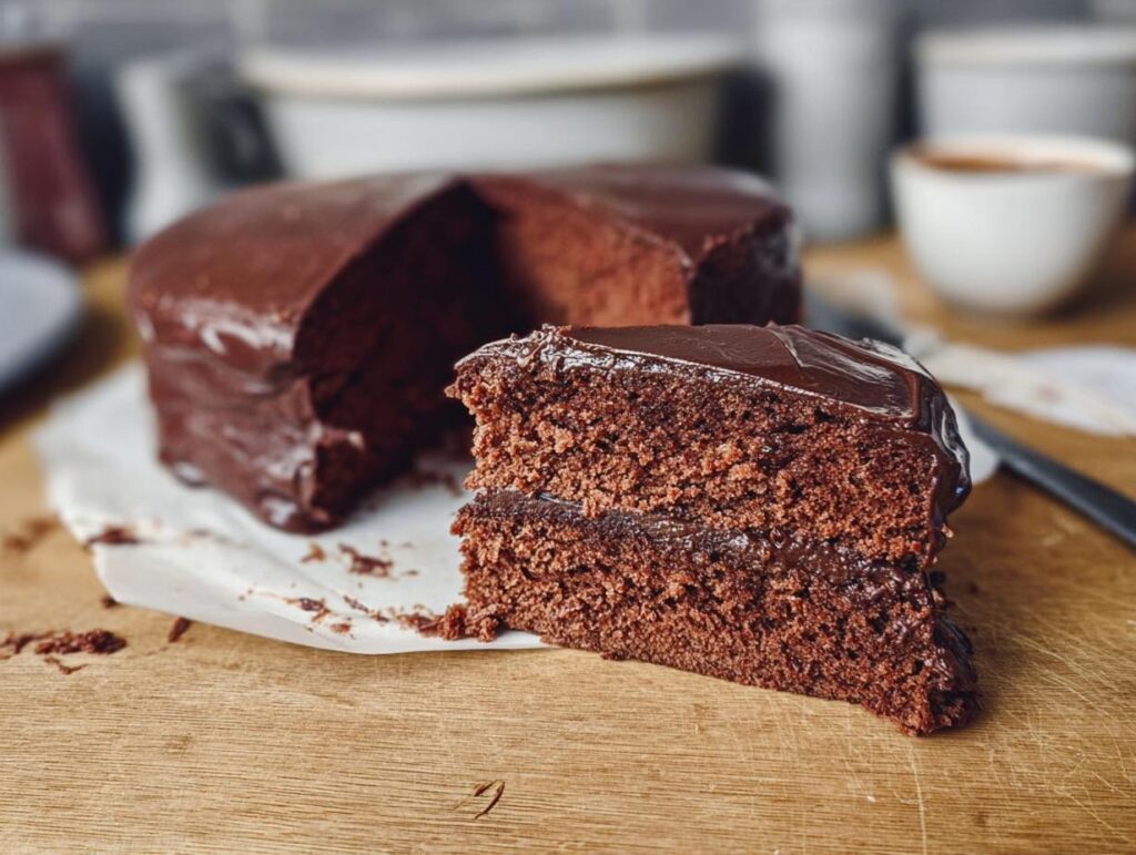 A slice of rich chocolate cake with glossy frosting, part of a whole cake in the background. A perfect example of 7-Ingredient Cake Ideas.