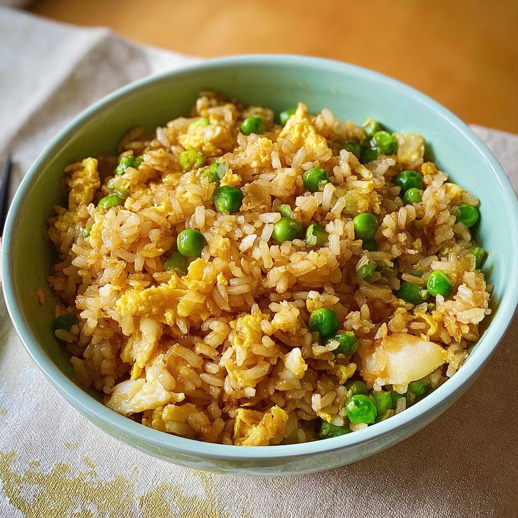 A close-up of a bowl of 7-ingredient egg fried rice with peas and scrambled egg.