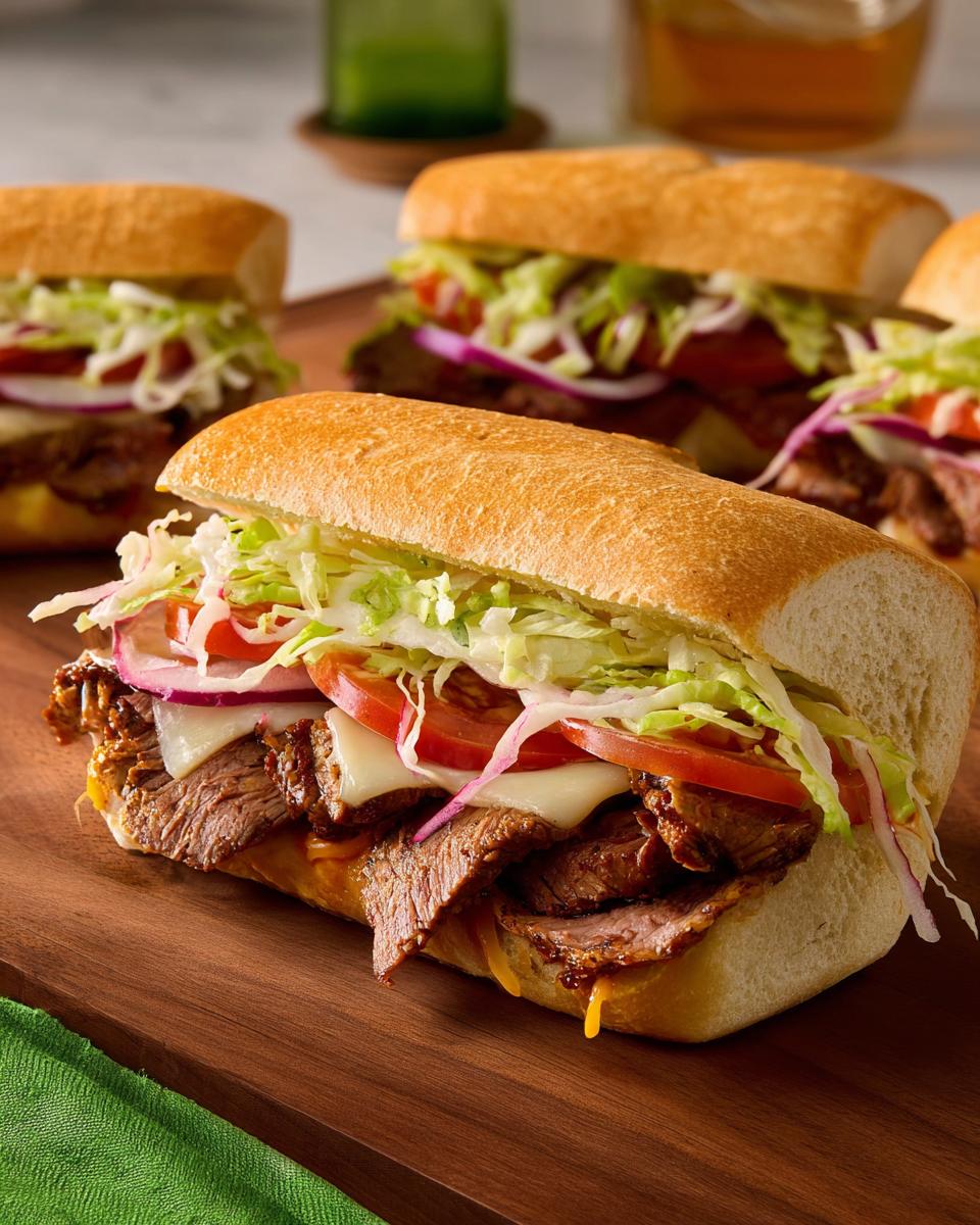 Close-up of a mouthwatering steak sandwich with lettuce, tomato, onion, and cheese, part of 7-Ingredient Sandwich Ideas.