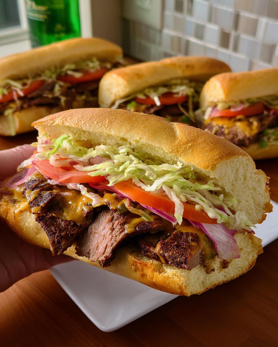 A hand holding a loaded steak sandwich with lettuce, tomato, onion, and melted cheese, part of 7-Ingredient Sandwich Ideas Recipes.
