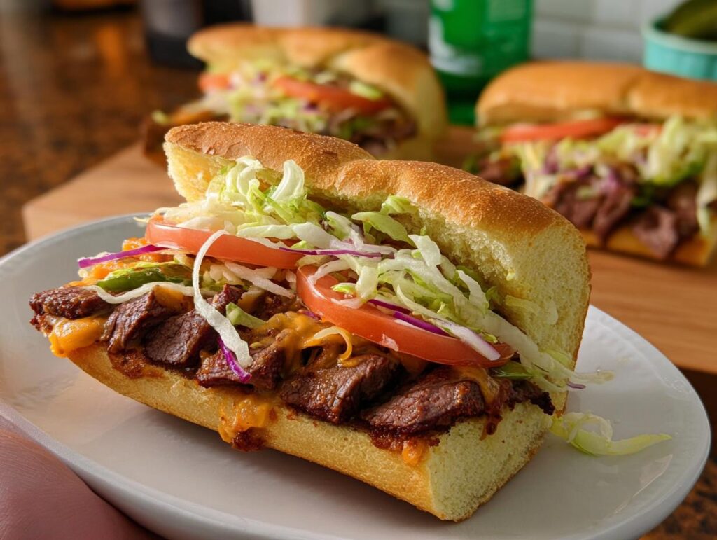 Close-up of a steak sandwich with melted cheese, lettuce, tomato, and onion, part of 7-Ingredient Sandwich Ideas Recipes.