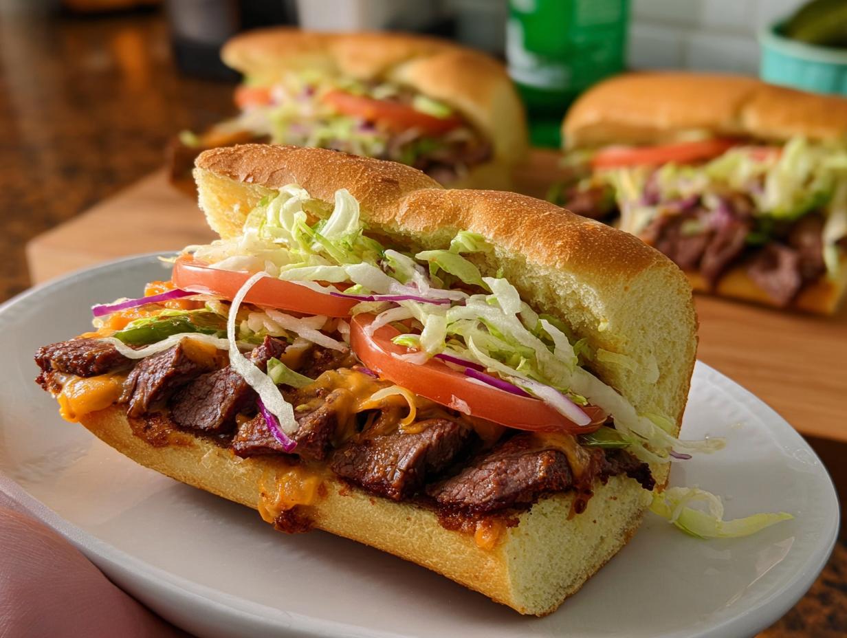 Close-up of a steak sandwich with melted cheese, lettuce, tomato, and onion, part of 7-Ingredient Sandwich Ideas Recipes.