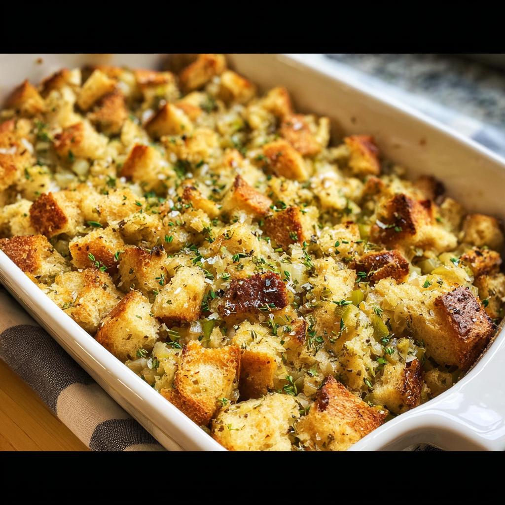 A close-up of a baked 7-ingredient stuffing recipe in a white baking dish, topped with toasted bread cubes and herbs.