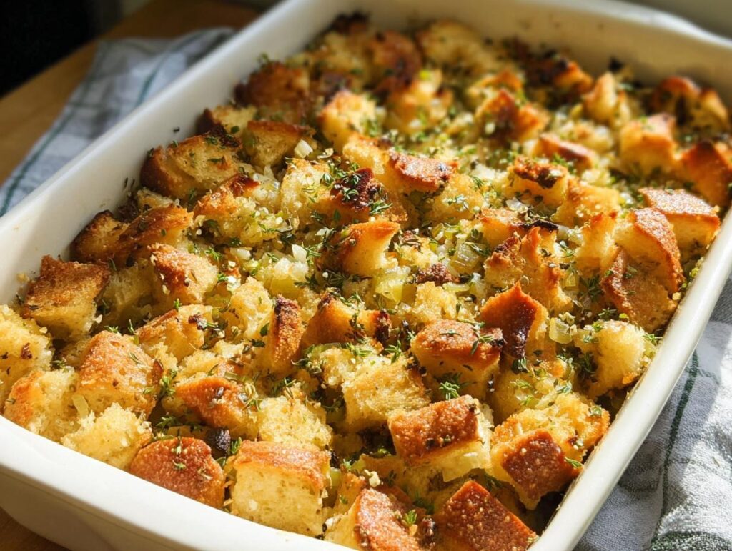 Close-up of a golden brown 7-ingredient stuffing recipe baked in a white ceramic dish, garnished with fresh herbs.