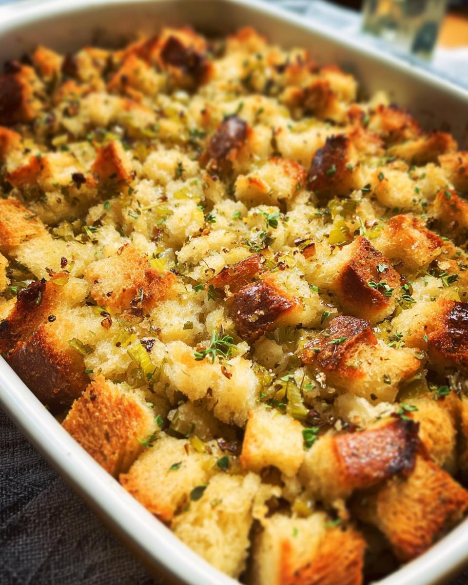 Close-up of a golden-brown 7-ingredient stuffing recipe in a white baking dish, with visible bread cubes and herbs.