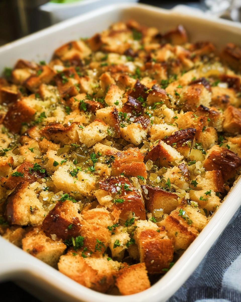 Close-up of a baked 7-ingredient stuffing recipe in a white baking dish, topped with herbs.