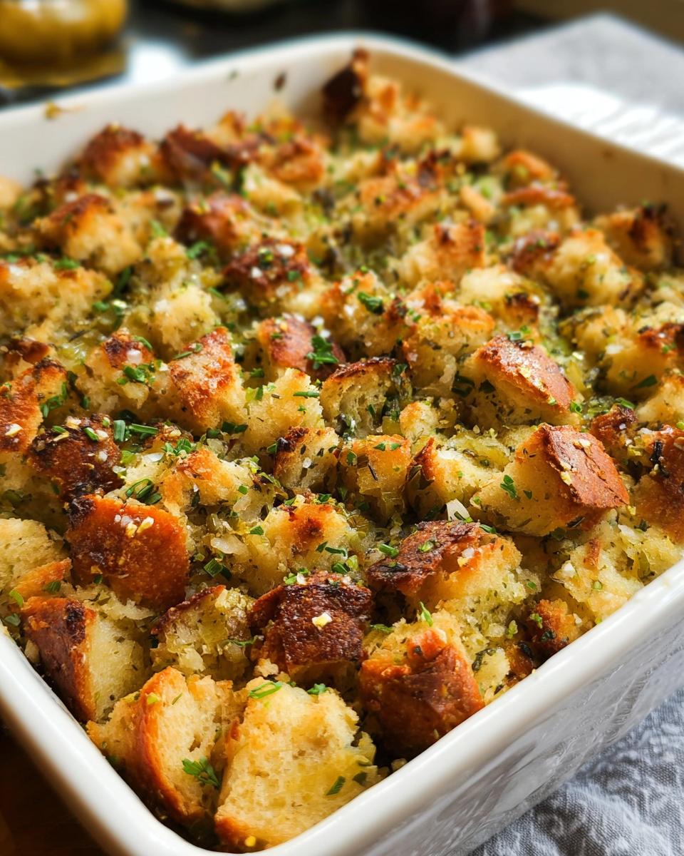 Close-up of a golden-brown baked stuffing in a white casserole dish, featuring cubes of bread and green herbs.
