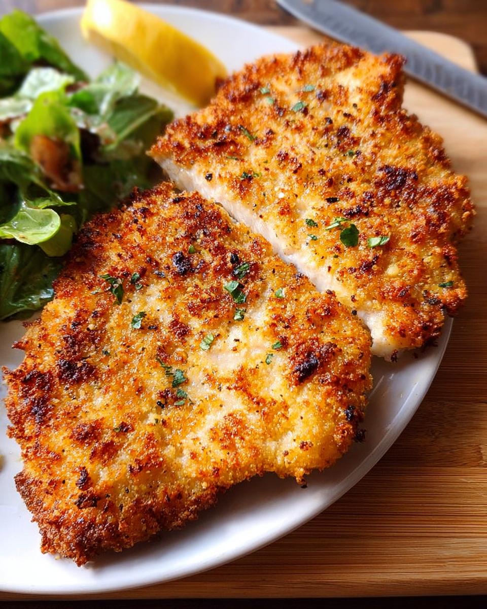 Two golden-brown, breaded air fryer chicken breasts served with a fresh green salad and a lemon wedge.