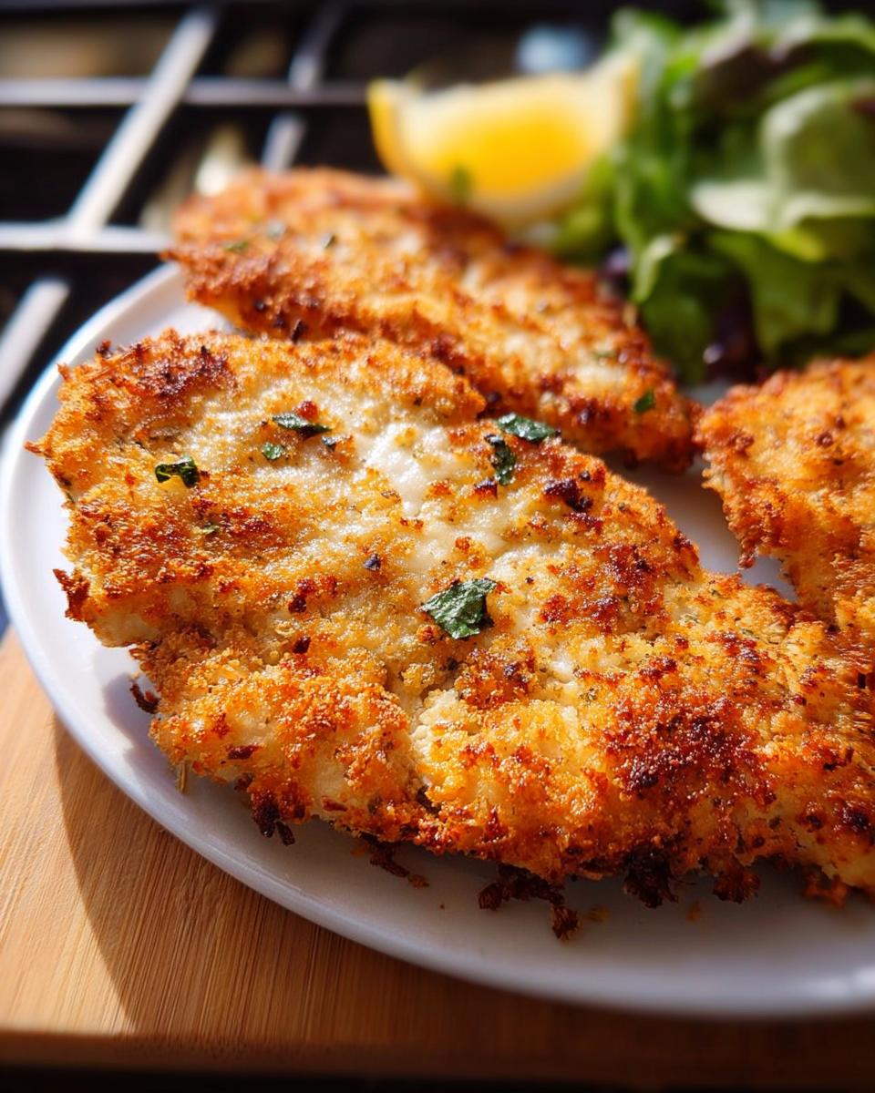 Close-up of a perfectly golden-brown air fryer chicken breast, coated in breadcrumbs and herbs, served with a side salad and lemon wedge.