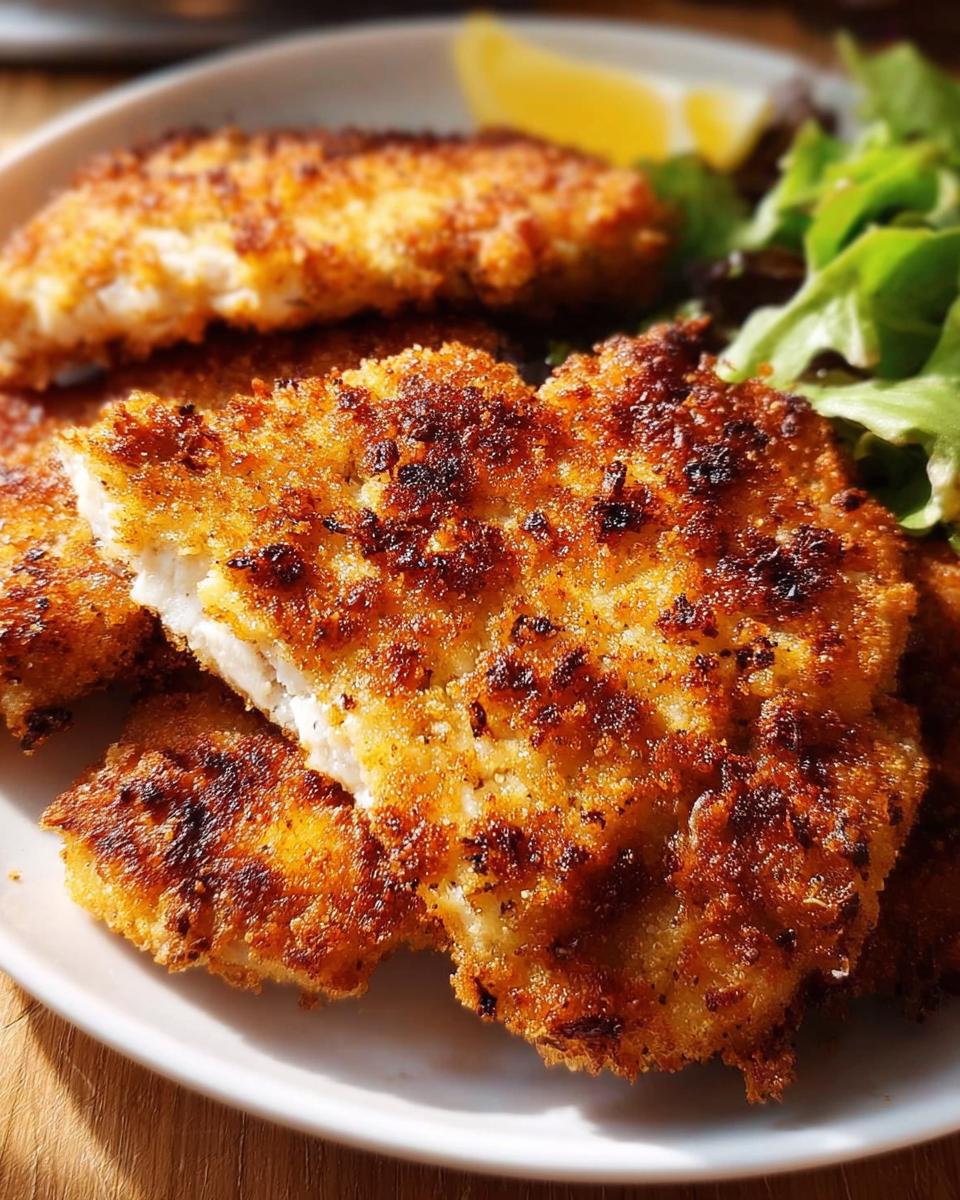 Close-up of golden-brown, crispy air fryer chicken breast pieces served with a side salad and lemon wedge.