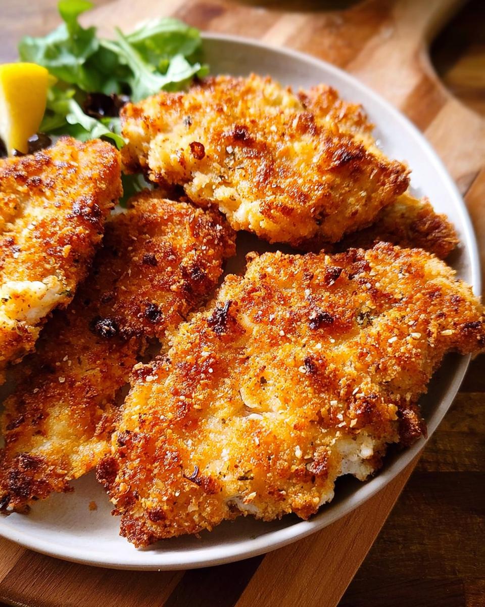 Close-up of golden-brown, crispy air fryer chicken pieces served with a lemon wedge and salad.