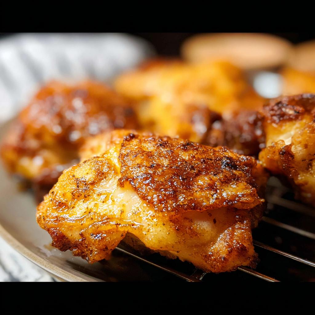 Close-up of golden-brown, seasoned air fryer chicken pieces on a cooling rack.