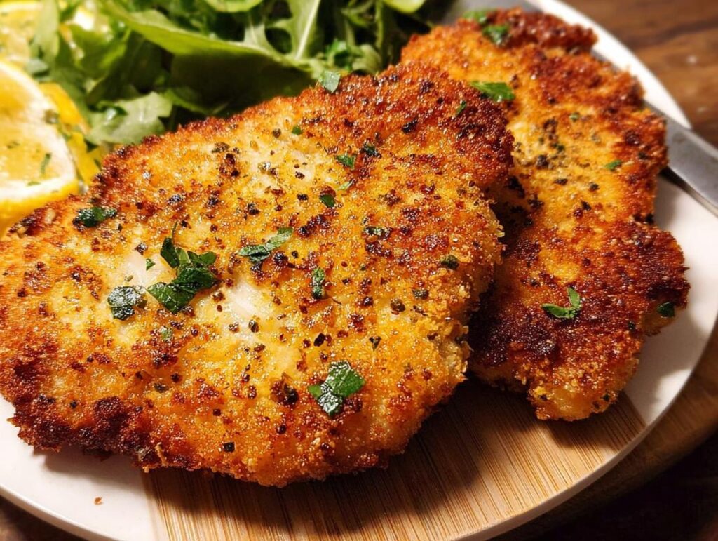 Two golden-brown, crispy air fryer chicken breasts garnished with parsley, served with lemon wedges and a side salad.