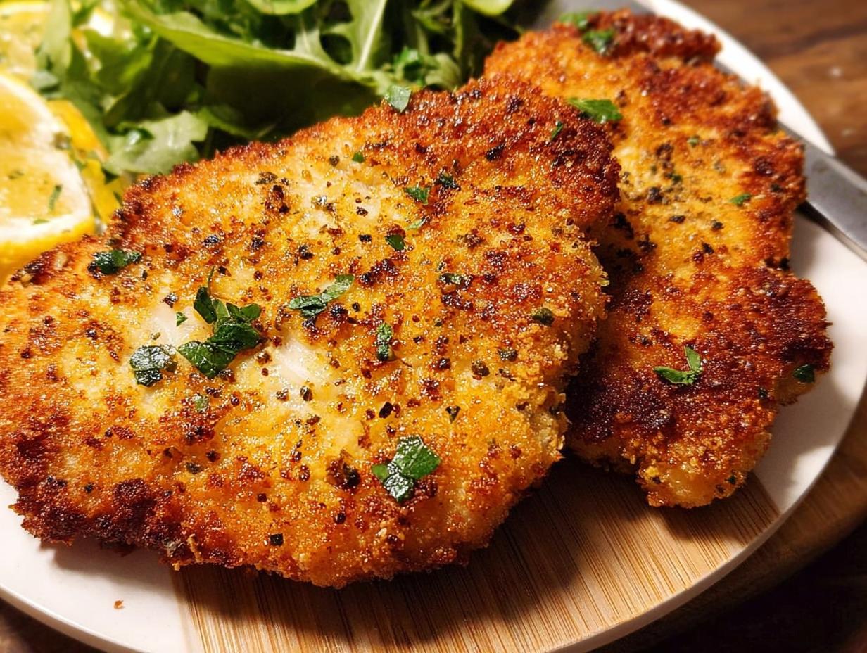 Two golden-brown, crispy air fryer chicken breasts garnished with parsley, served with lemon wedges and a side salad.