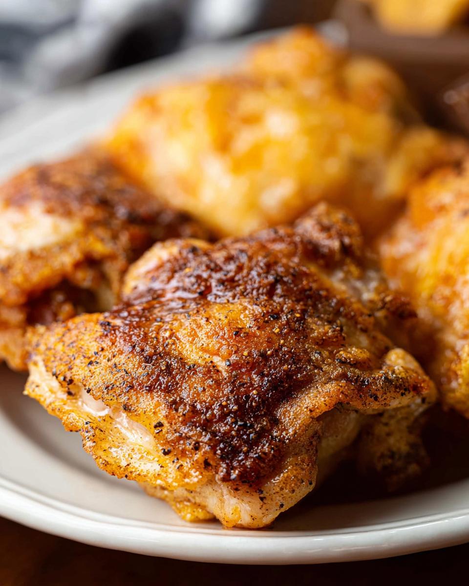 Close-up of perfectly seasoned and crispy air fryer chicken thighs on a white plate.
