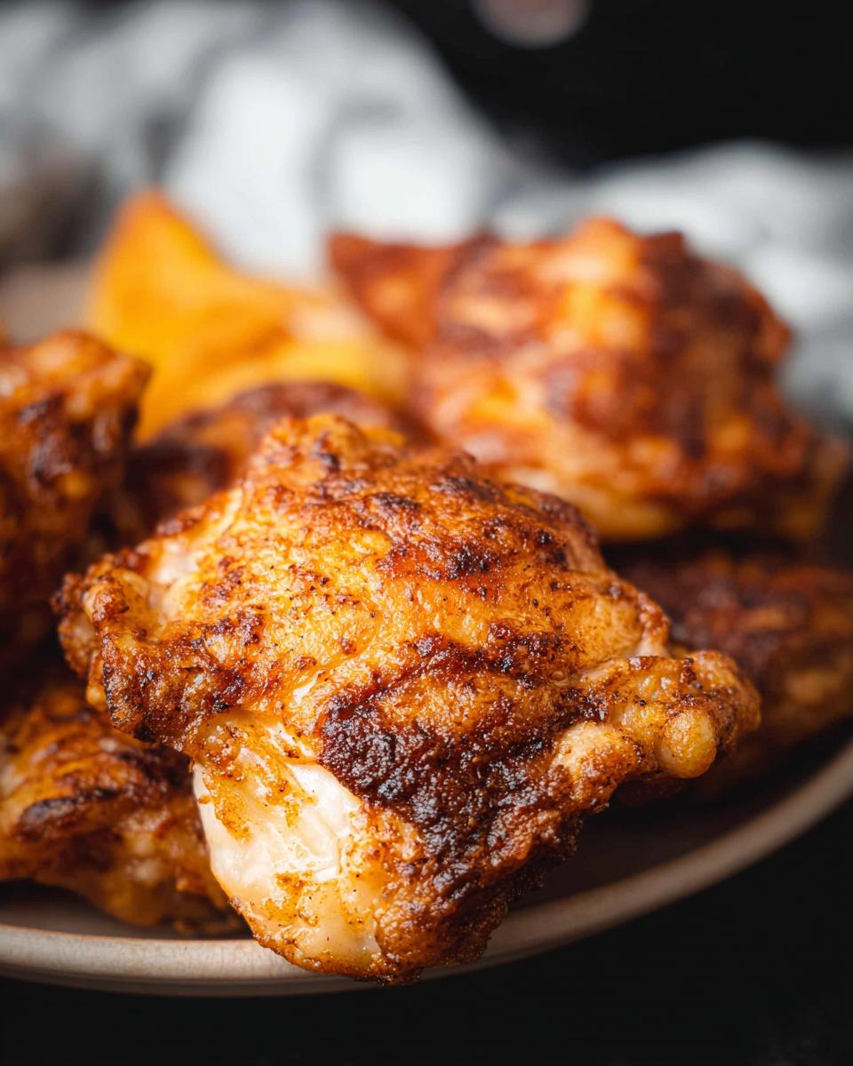 Close-up of golden-brown, crispy air fryer chicken thighs, seasoned and cooked to perfection.