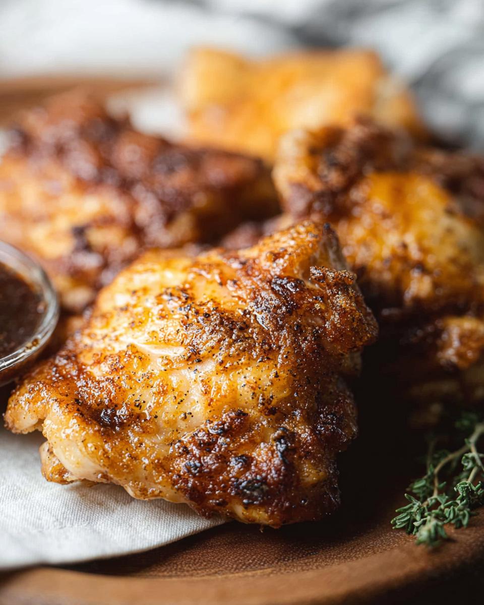Close-up of perfectly cooked, crispy air fryer chicken thighs with a side of dipping sauce.