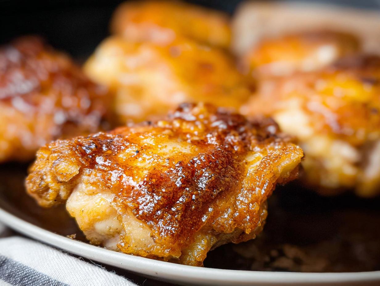 Close-up of golden brown, crispy air fryer chicken thighs, ready to be served.