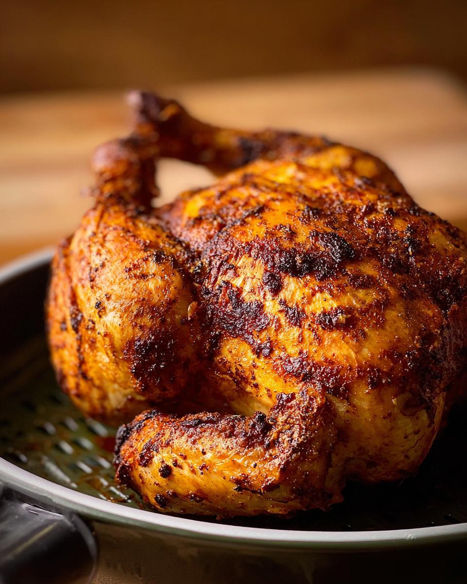 A perfectly roasted whole chicken in an air fryer basket, showcasing crispy golden-brown skin and seasoned with spices.
