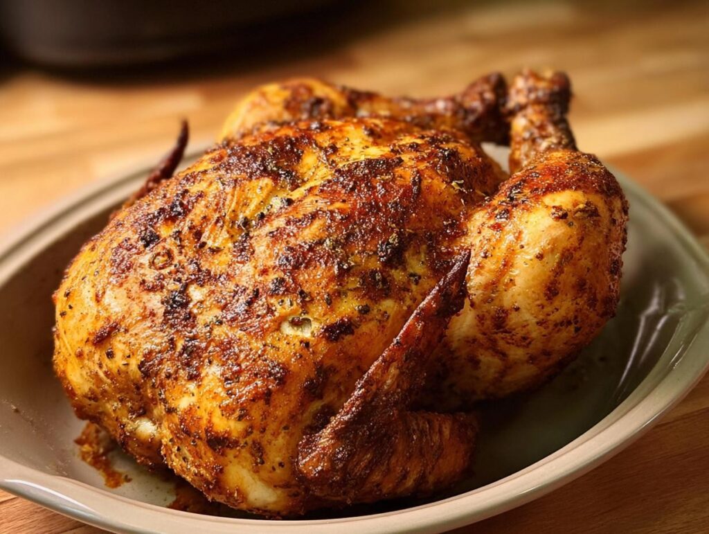 A whole, golden-brown air fryer chicken seasoned with herbs and spices, resting in a light-colored dish.