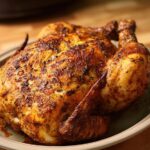 A whole, golden-brown air fryer chicken seasoned with herbs and spices, resting in a light-colored dish.
