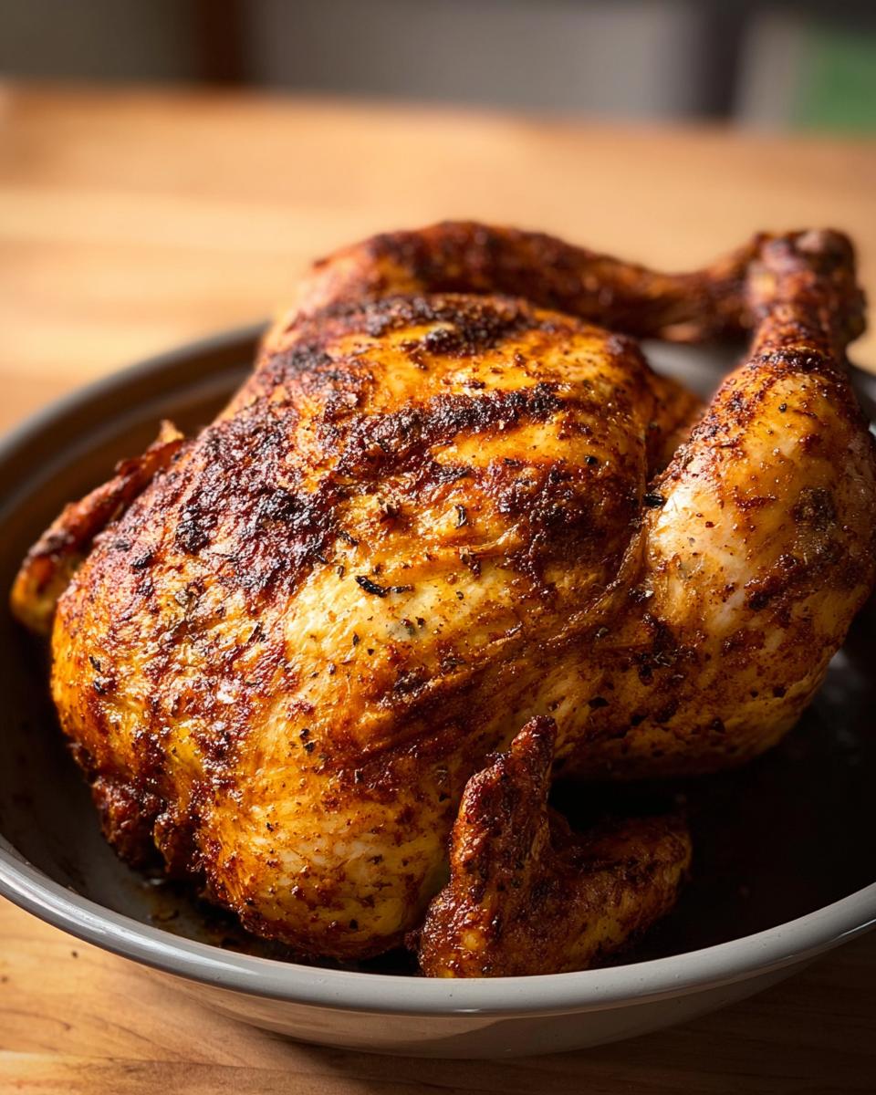 A whole, golden-brown air fryer chicken, seasoned and roasted to perfection, resting in a grey dish.
