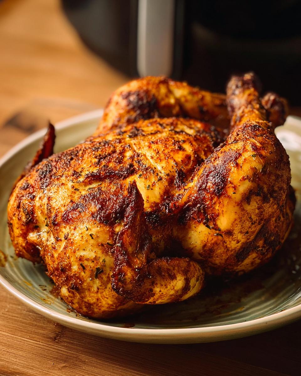 A perfectly cooked, golden-brown whole chicken seasoned and resting on a plate, made in an air fryer.
