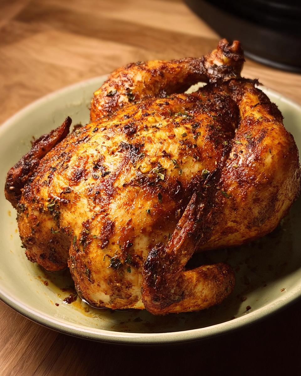A perfectly cooked golden-brown whole chicken in an air fryer, seasoned with herbs.