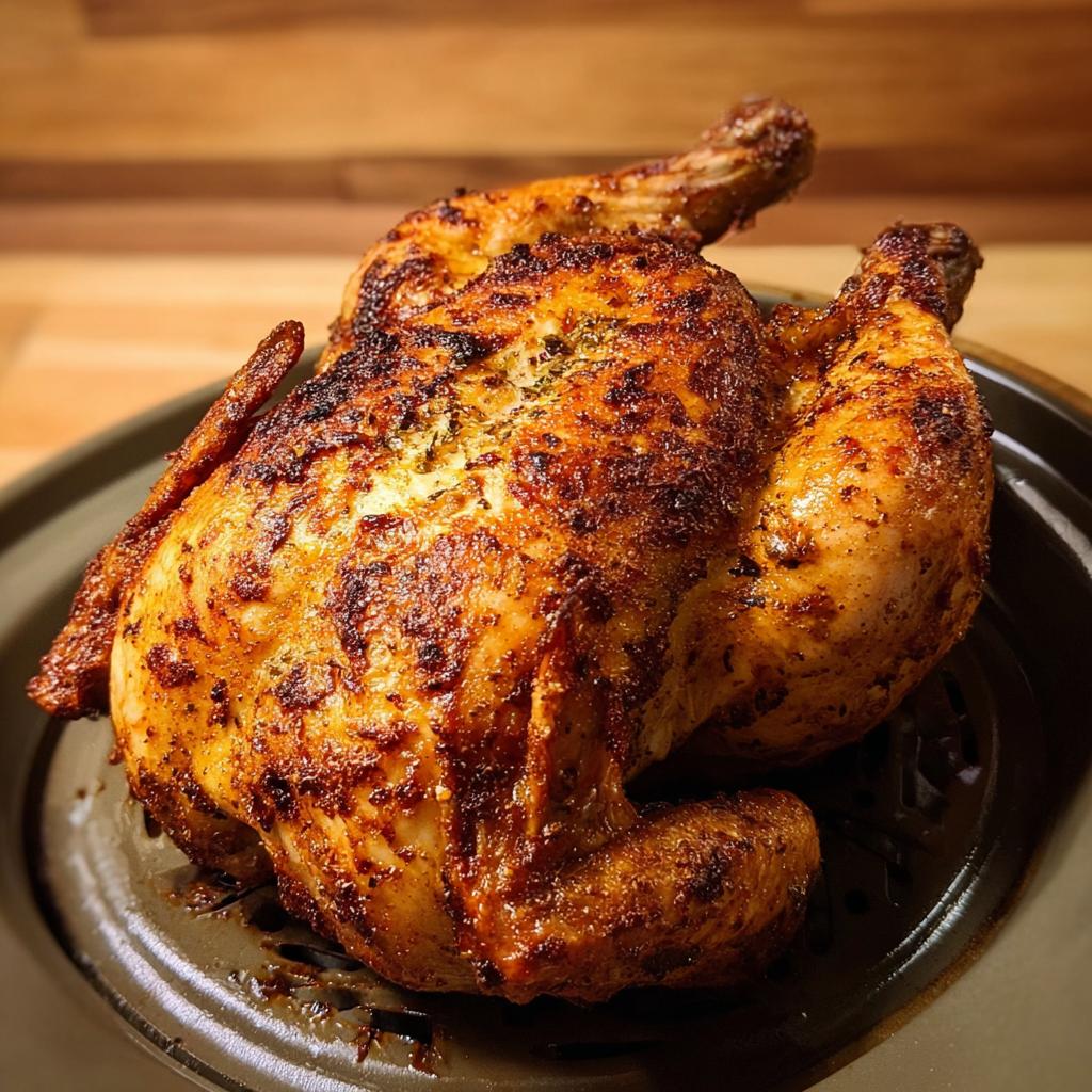 A perfectly cooked, golden-brown whole chicken in an air fryer basket, ready to serve.