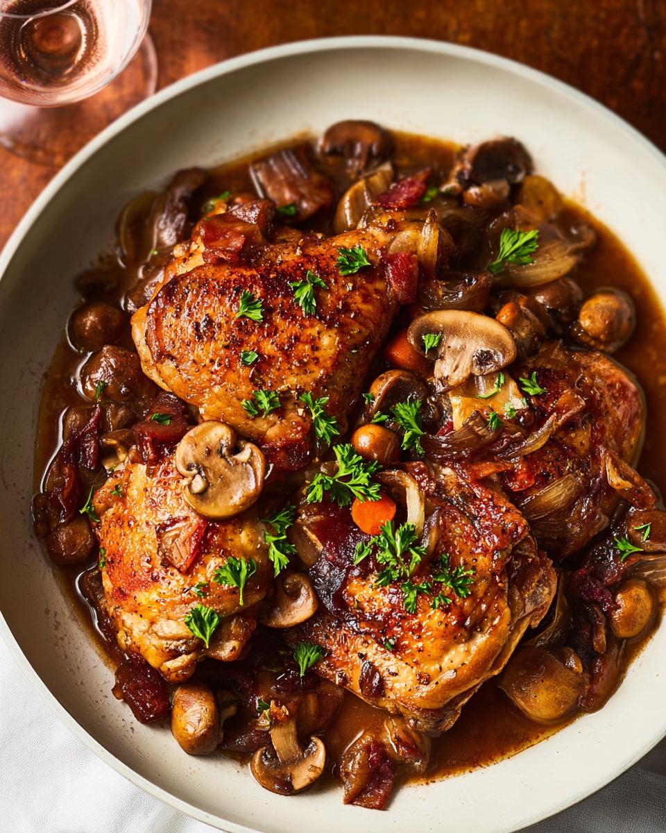 A close-up of a rustic chicken recipe dish featuring tender chicken thighs, mushrooms, and onions in a rich sauce, garnished with parsley.