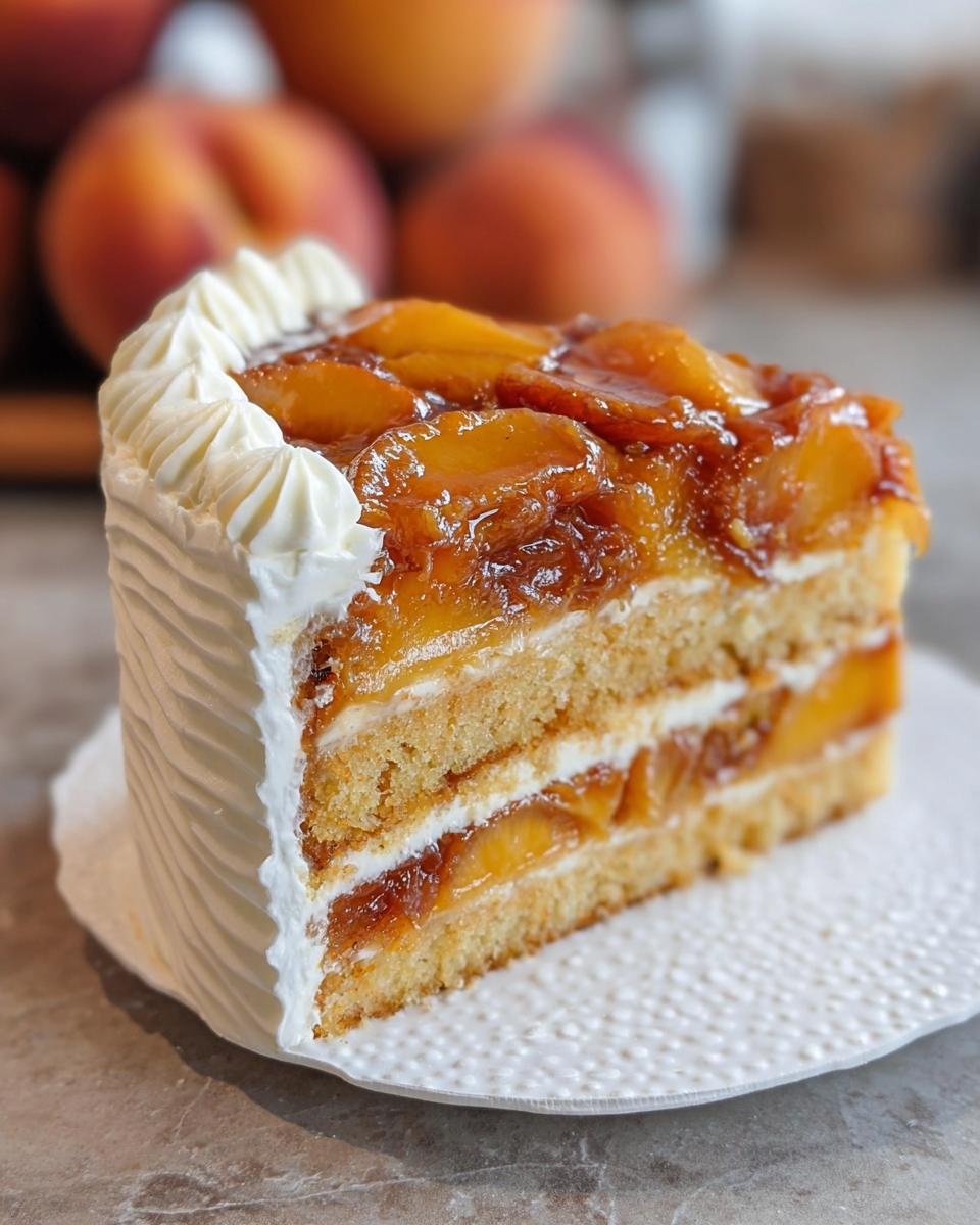 A delicious slice of Amazing Peach Cake, showcasing layers of cake, cream, and fresh peaches, perfect for beginners.