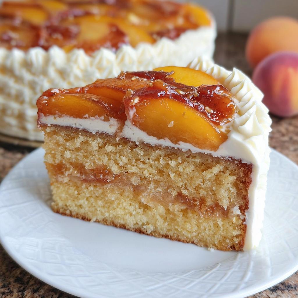 A slice of moist Amazing Peach Cake, layered with cream and topped with glazed peaches, perfect for beginners.