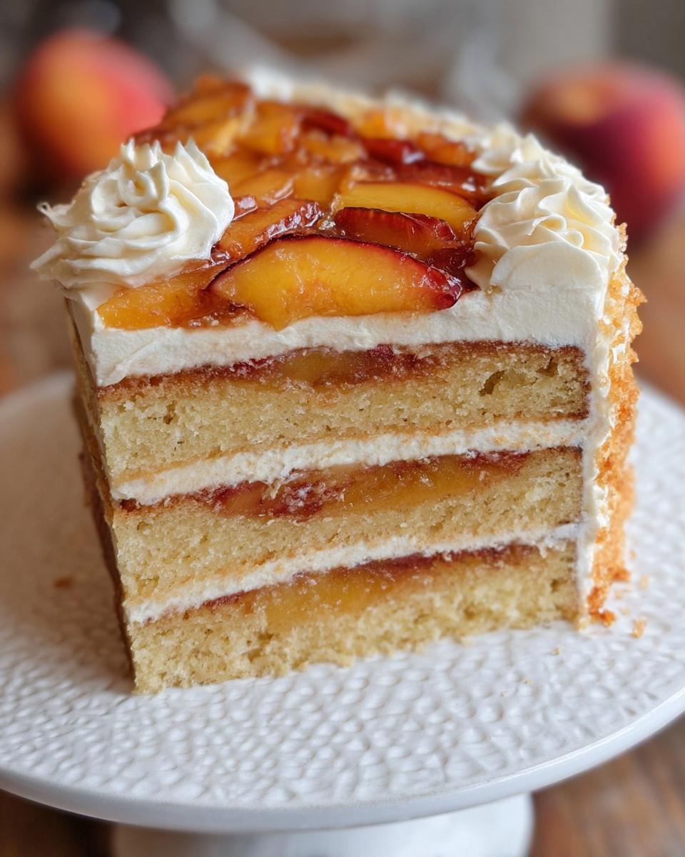 A slice of amazing peach cake with layers of sponge, cream, and peach filling, topped with whipped cream and fresh peaches.