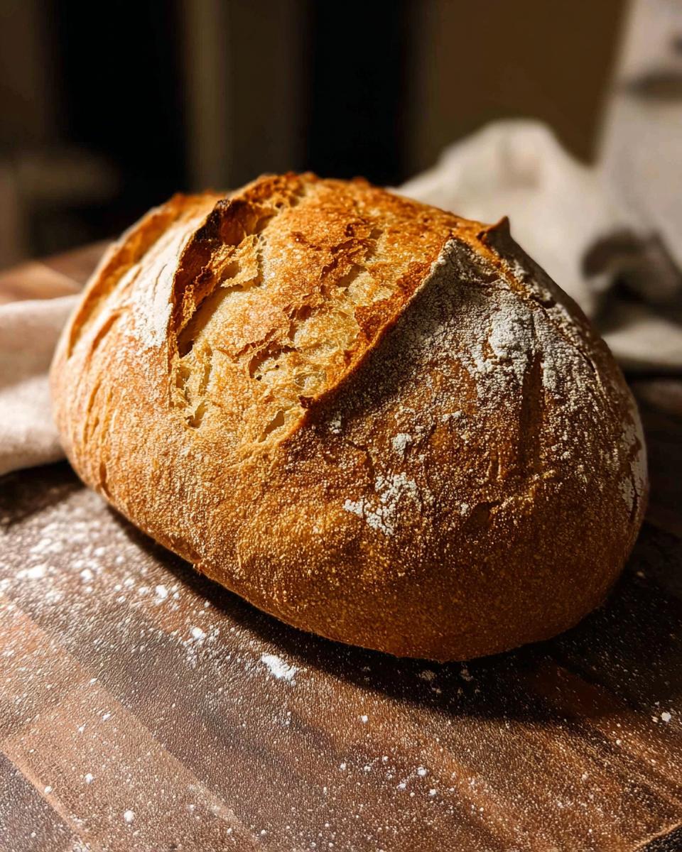 A golden-brown, crusty loaf of artisan bread dusted with flour, perfect for healthy meals.