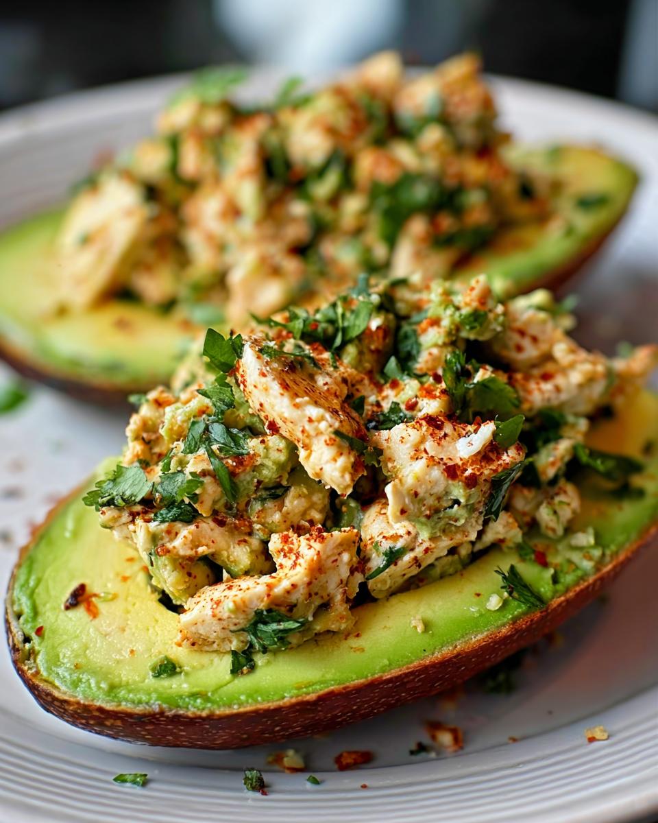 Two halves of avocado filled with chicken salad, a quick and healthy sandwich idea.